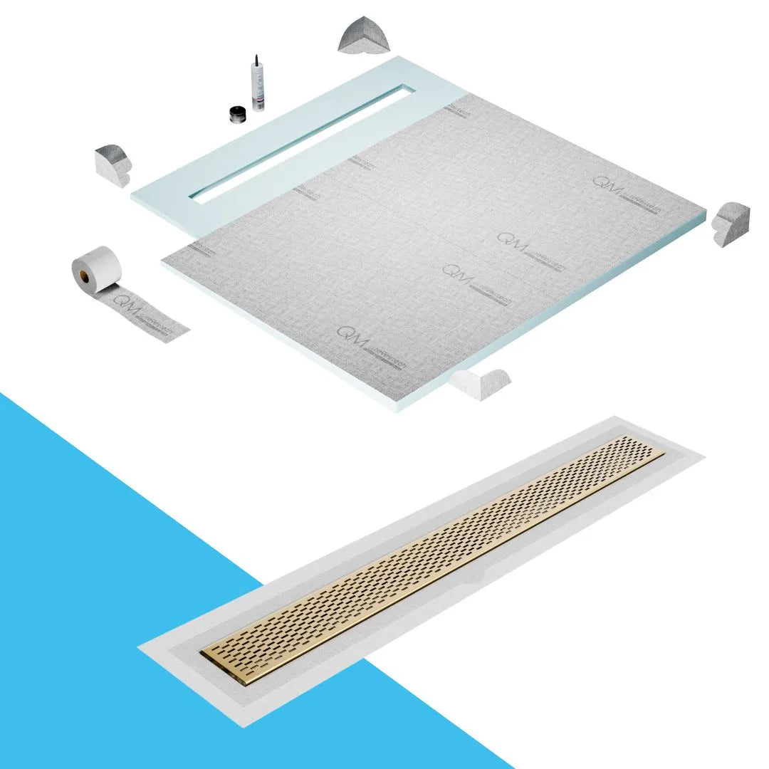 QM Drain Shower Pan with Delmar Delta Flange Edge Linear Drain, stainless-steel grate featuring modern square perforations, efficient drainage with integrated flange, available in Gold, Bronze, Polished, and Black finishes.
