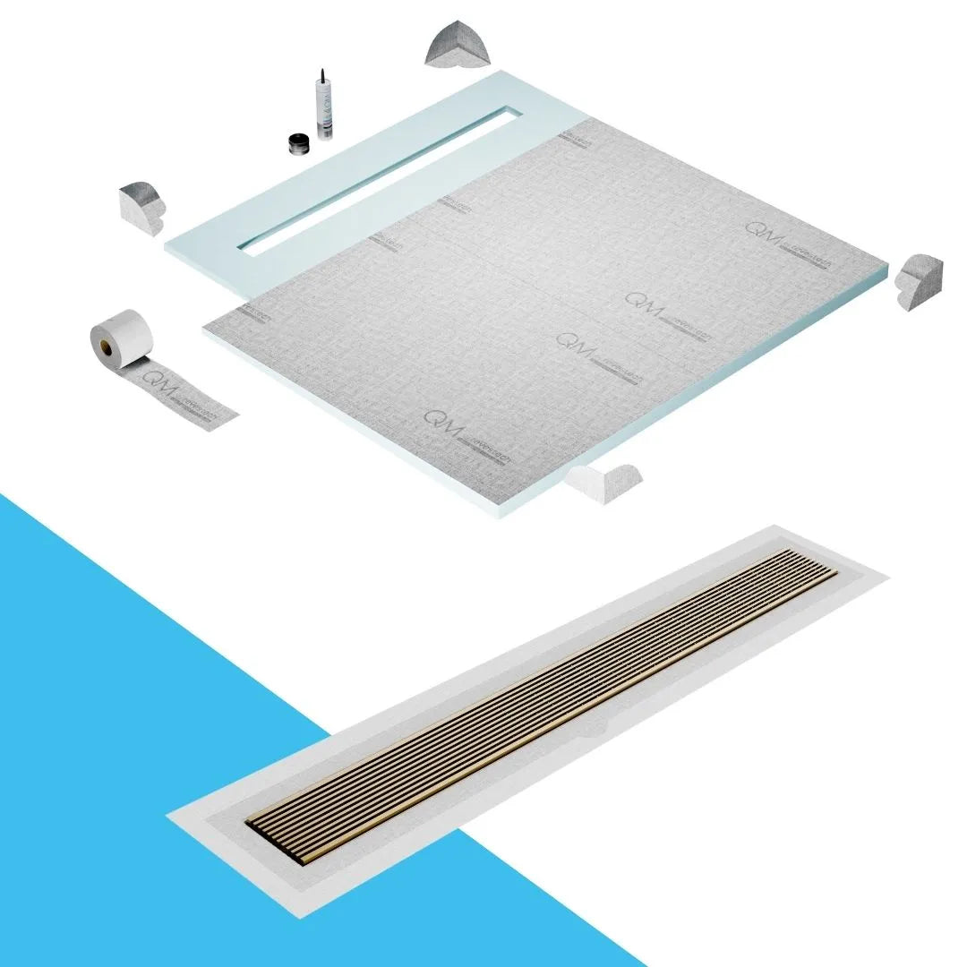 QM Drain Shower Pan with Delmar Wedgewire Flange Edge Linear Drain, stainless-steel grate featuring linear wedge-wire design, integrated flange for efficient water drainage, contemporary style, available in Satin, Gold, Bronze, Polished, and Black finishes.