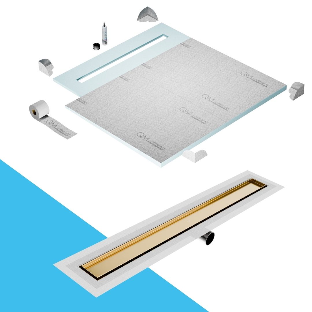 QM Drain Shower Pan with Delmar Mist Tile-In Side Outlet Linear Drain, stainless-steel grate allowing seamless tile integration, 'mist' perforations, modern aesthetics, available in Satin, Gold, Bronze, Polished, and Black finishes.