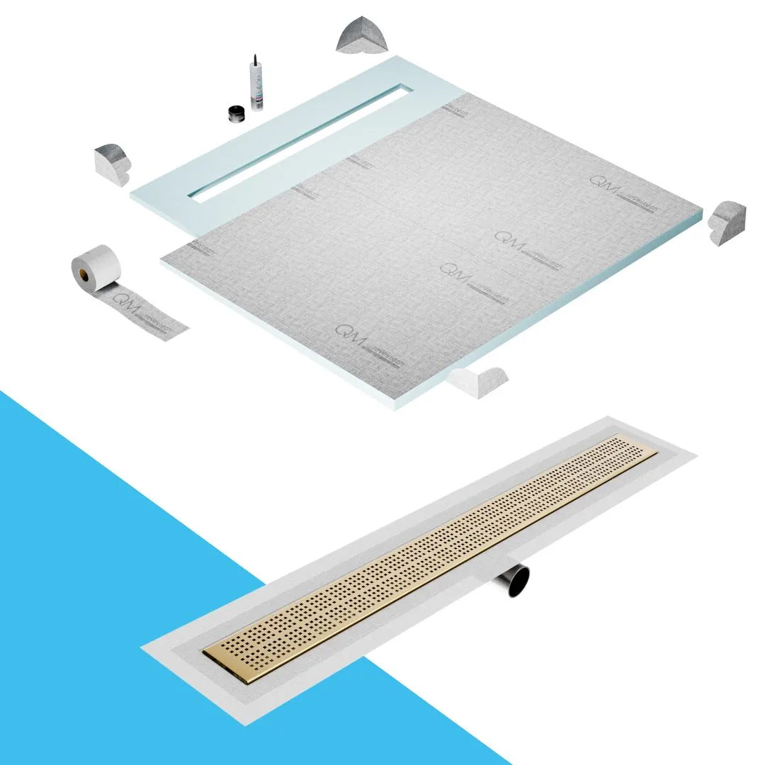 QM Drain Shower Pan with Delmar Delta Side Outlet Linear Drain, featuring stainless-steel grate with modern square perforations, efficient drainage, available in Satin, Gold, Bronze, Polished, and Black finishes.