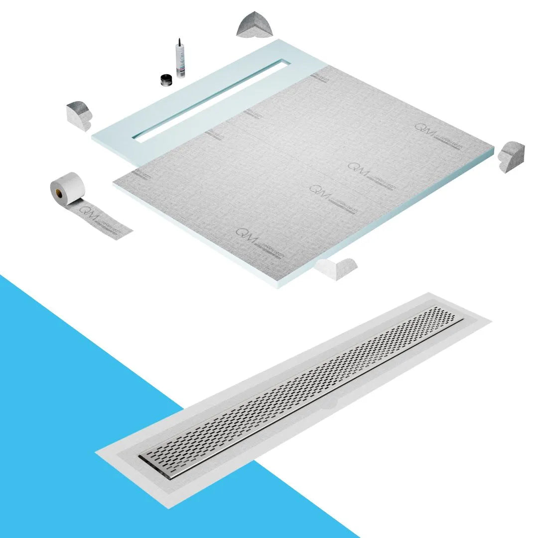 QM Drain Shower Pan with Delmar Delta Flange Edge Linear Drain, stainless-steel grate featuring modern square perforations, efficient drainage with integrated flange, available in Gold, Bronze, Polished, and Black finishes.