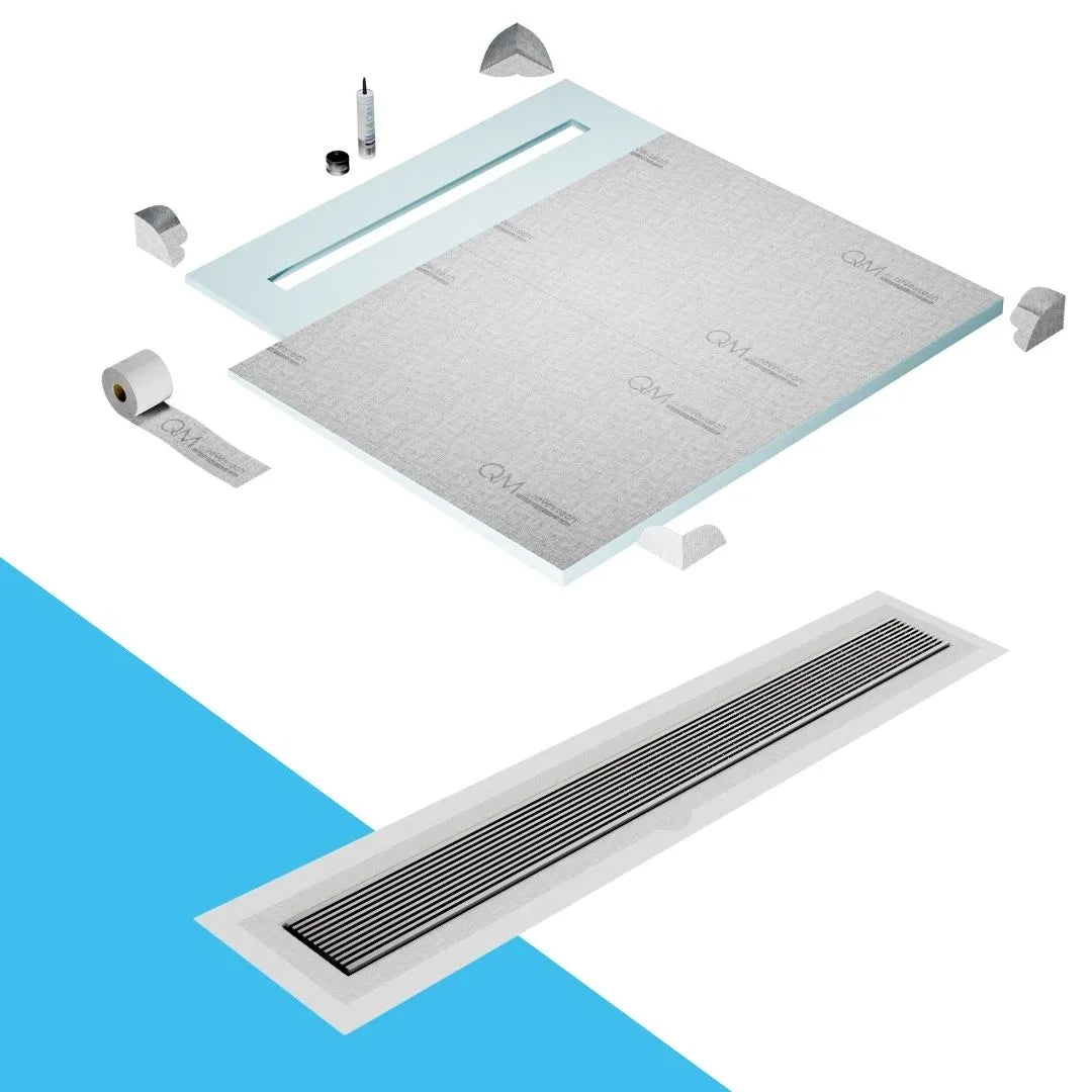 QM Drain Shower Pan with Delmar Wedgewire Flange Edge Linear Drain, stainless-steel grate featuring linear wedge-wire design, integrated flange for efficient water drainage, contemporary style, available in Satin, Gold, Bronze, Polished, and Black finishes.