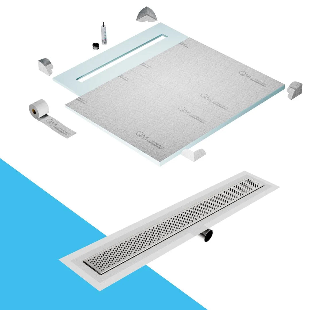 QM Drain Shower Pan with Delmar Delta Side Outlet Linear Drain, featuring stainless-steel grate with modern square perforations, efficient drainage, available in Satin, Gold, Bronze, Polished, and Black finishes.