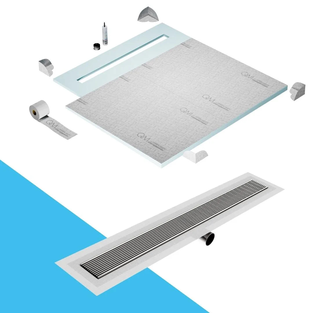 QM Drain Shower Pan with Delmar Wedgewire Side Outlet Linear Drain, stainless-steel linear wedge-wire grate for efficient drainage and contemporary style, offered in, Gold, Bronze, Polished, and Black finishes.