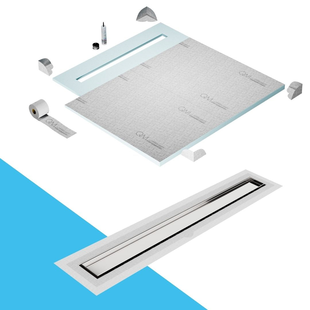 QM Drain Shower Pan with Delmar Mist Tile-In Flange Edge Linear Drain, stainless-steel grate allowing seamless tile integration, featuring fine 'mist' perforations, integrated flange, minimalist aesthetics, offered in Satin, Gold, Bronze, Polished, and Black finishes.