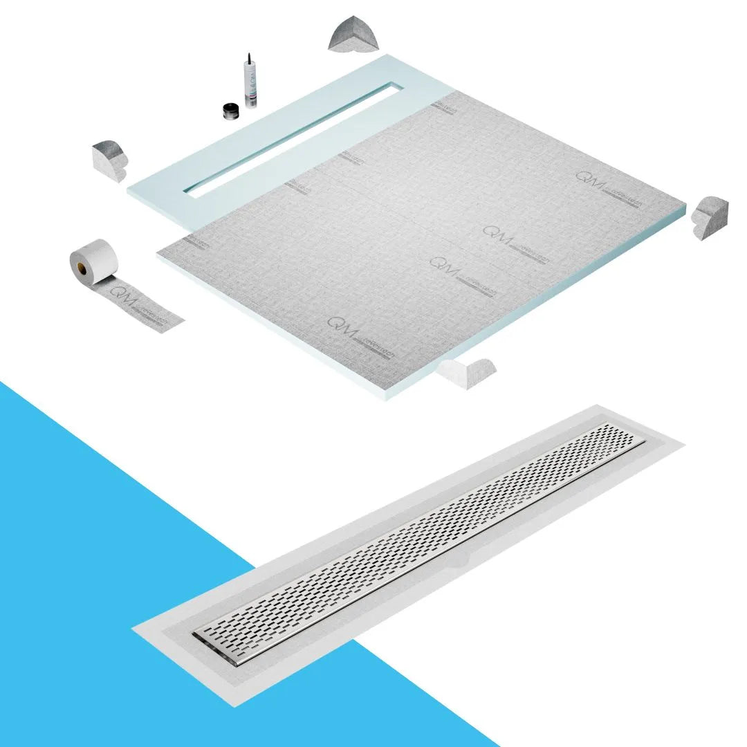 QM Drain Shower Pan with Delmar Delta Flange Edge Linear Drain, stainless-steel grate featuring modern square perforations, efficient drainage with integrated flange, available in Gold, Bronze, Polished, and Black finishes.