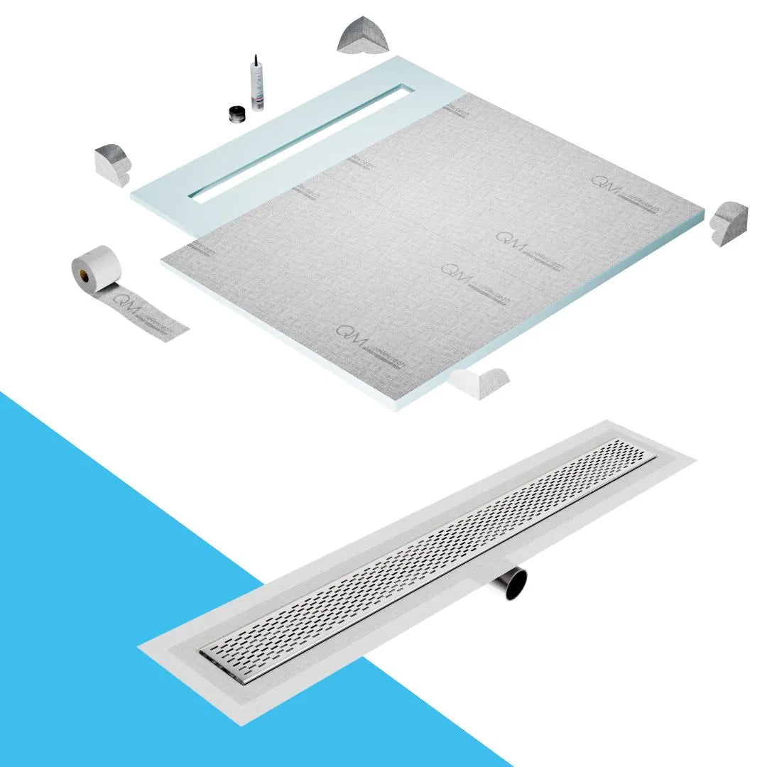 QM Drain Shower Pan with Delmar Delta Side Outlet Linear Drain, featuring stainless-steel grate with modern square perforations, efficient drainage, available in Satin, Gold, Bronze, Polished, and Black finishes.
