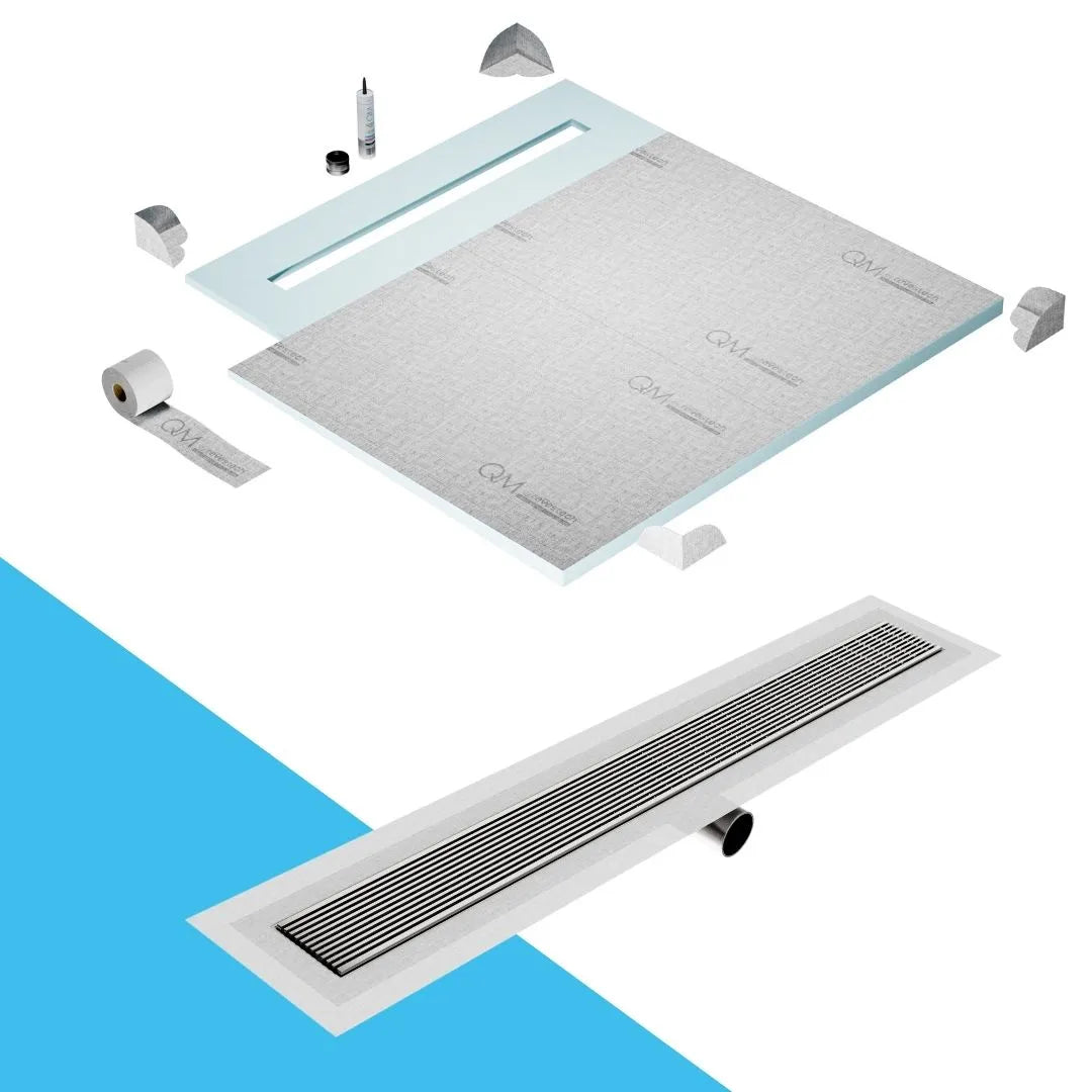 QM Drain Shower Pan with Delmar Wedgewire Side Outlet Linear Drain, stainless-steel linear wedge-wire grate for efficient drainage and contemporary style, offered in, Gold, Bronze, Polished, and Black finishes.