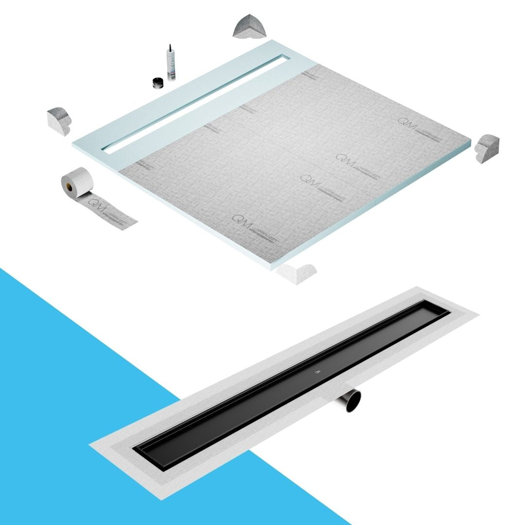 QM Drain Shower Pan with Delmar Mist Tile-In Side Outlet Linear Drain, stainless-steel grate allowing seamless tile integration, 'mist' perforations, modern aesthetics, available in Satin, Gold, Bronze, Polished, and Black finishes.