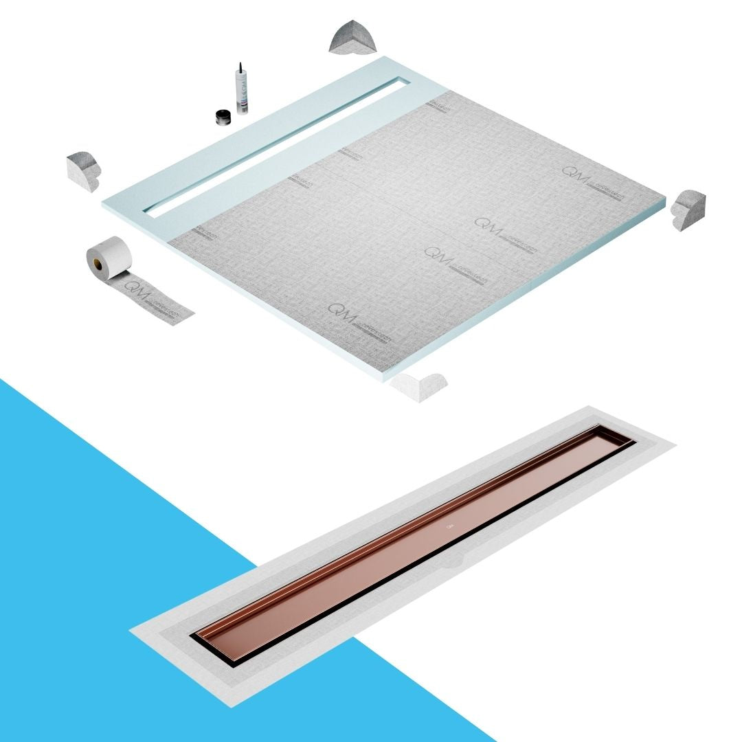 QM Drain Shower Pan with Delmar Mist Tile-In Flange Edge Linear Drain, stainless-steel grate allowing seamless tile integration, featuring fine 'mist' perforations, integrated flange, minimalist aesthetics, offered in Satin, Gold, Bronze, Polished, and Black finishes.