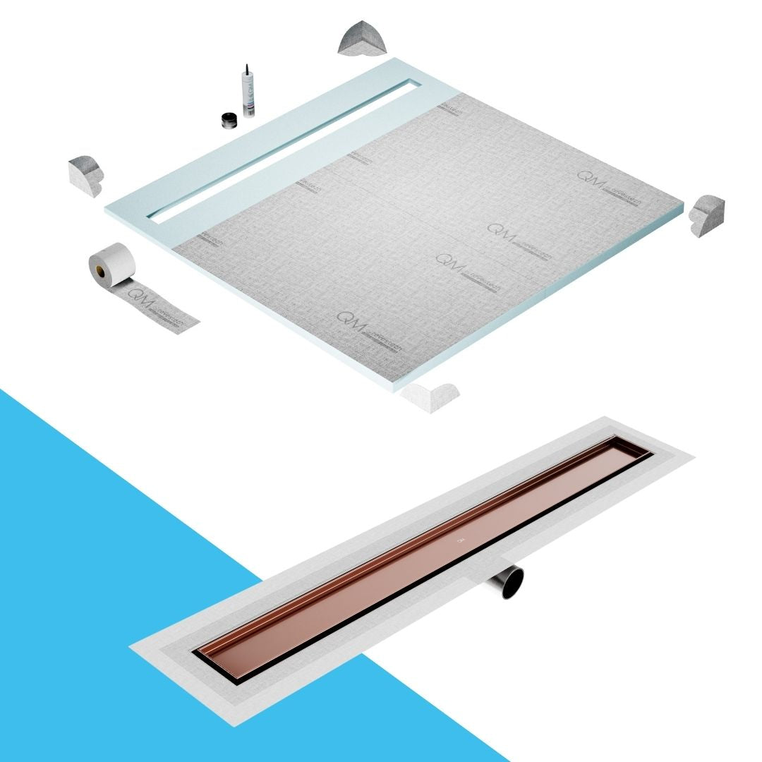 QM Drain Shower Pan with Delmar Mist Tile-In Side Outlet Linear Drain, stainless-steel grate allowing seamless tile integration, 'mist' perforations, modern aesthetics, available in Satin, Gold, Bronze, Polished, and Black finishes.