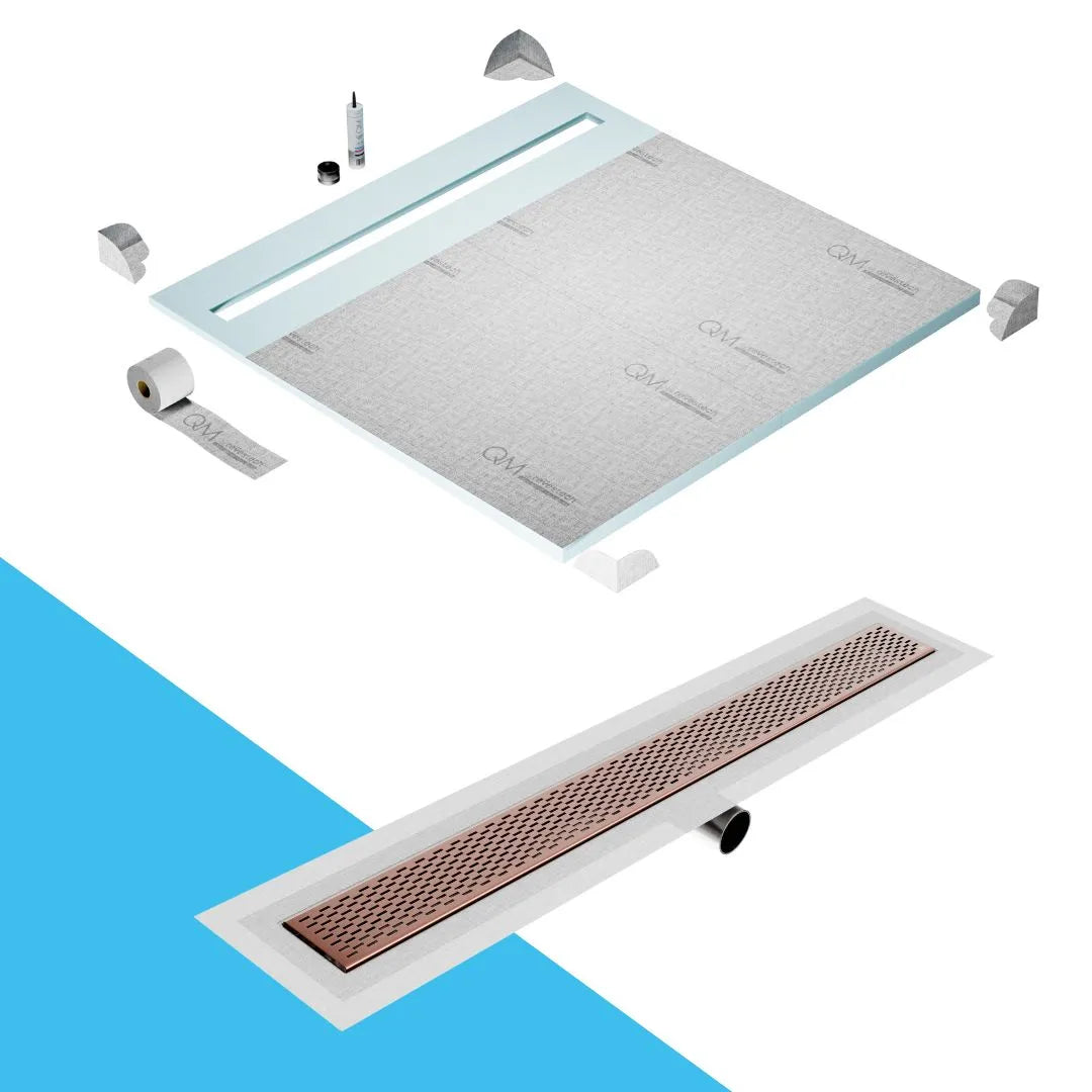 QM Drain Shower Pan with Delmar Delta Side Outlet Linear Drain, featuring stainless-steel grate with modern square perforations, efficient drainage, available in Satin, Gold, Bronze, Polished, and Black finishes.