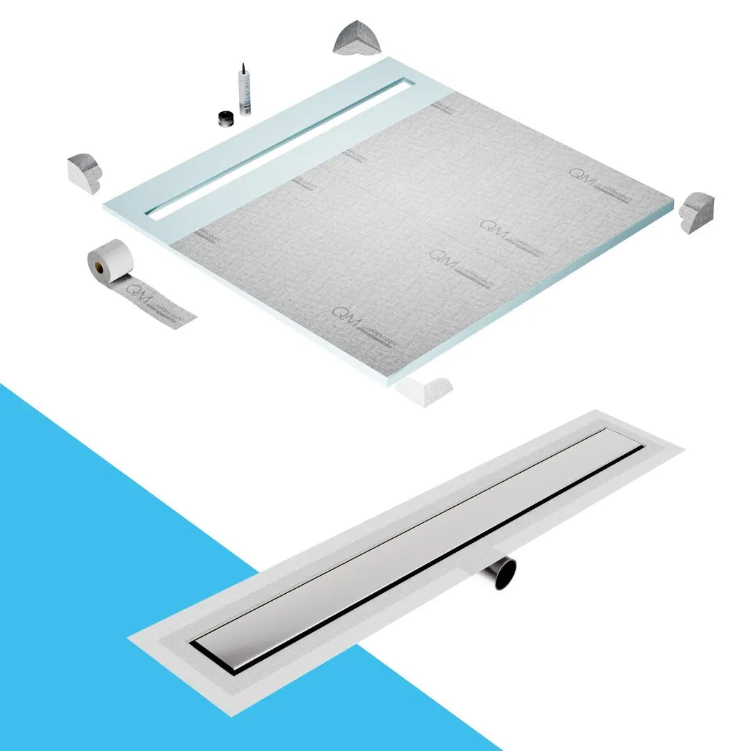 QM Drain Prefab Shower Pan Kit paired with Mist (Tile-In) Linear Drain Kit 64 in Frameless Side Outlet finish. This system provides seamless tile integration, efficient water drainage, and a sleek frameless design, perfect for luxury shower installations with a modern side outlet configuration.