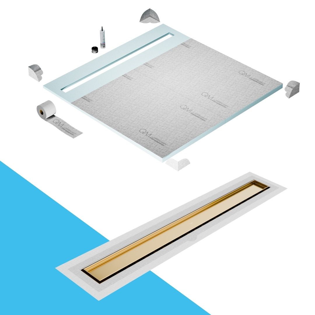 QM Drain Shower Pan with Delmar Mist Tile-In Flange Edge Linear Drain, stainless-steel grate allowing seamless tile integration, featuring fine 'mist' perforations, integrated flange, minimalist aesthetics, offered in Satin, Gold, Bronze, Polished, and Black finishes.