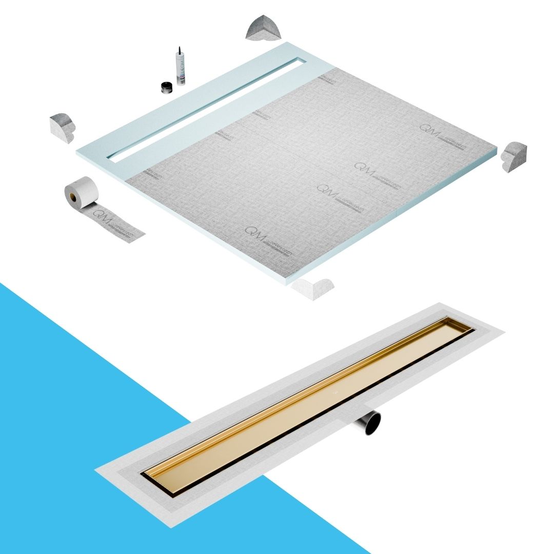 QM Drain Shower Pan with Delmar Mist Tile-In Side Outlet Linear Drain, stainless-steel grate allowing seamless tile integration, 'mist' perforations, modern aesthetics, available in Satin, Gold, Bronze, Polished, and Black finishes.