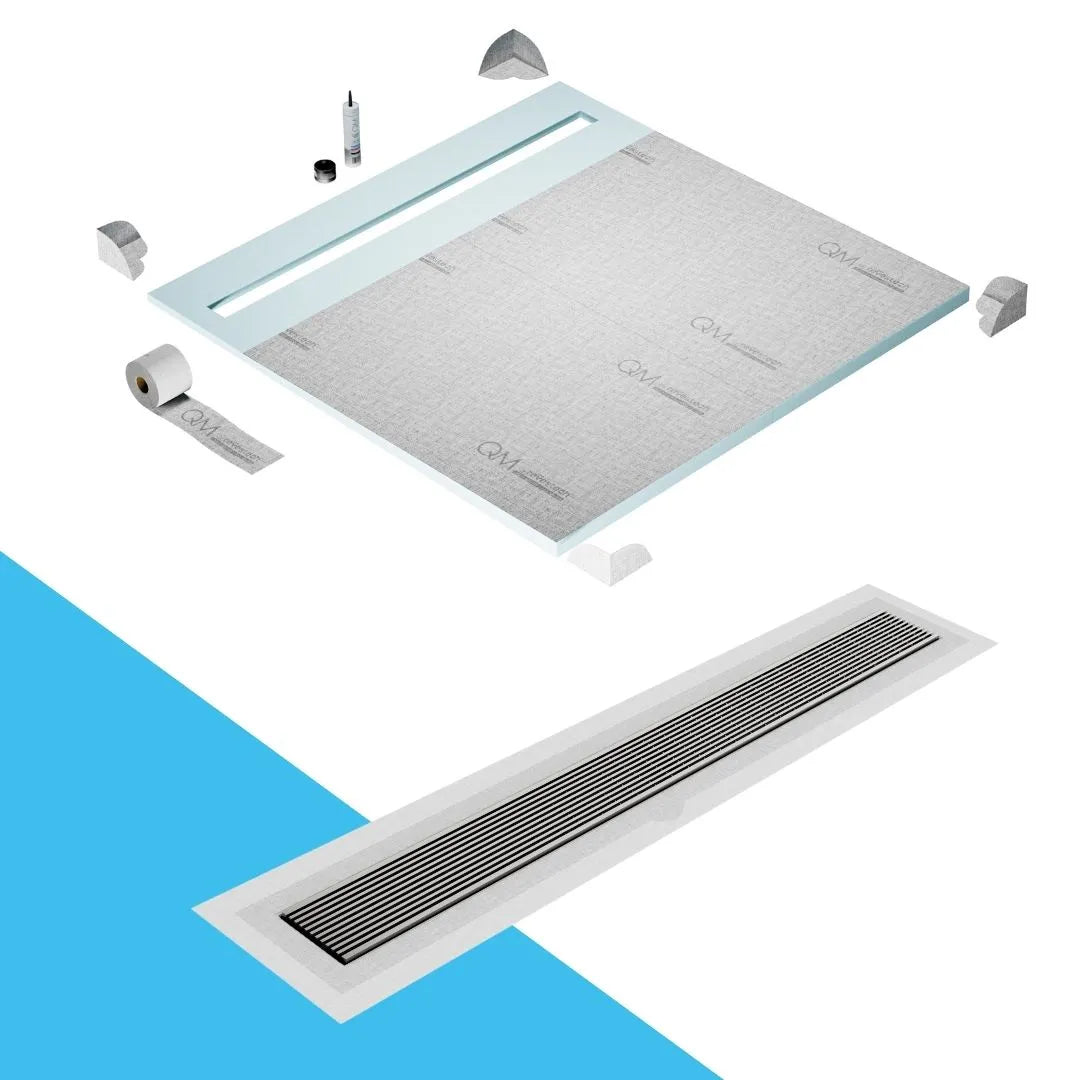 QM Drain Shower Pan with Delmar Wedgewire Flange Edge Linear Drain, stainless-steel grate featuring linear wedge-wire design, integrated flange for efficient water drainage, contemporary style, available in Satin, Gold, Bronze, Polished, and Black finishes.