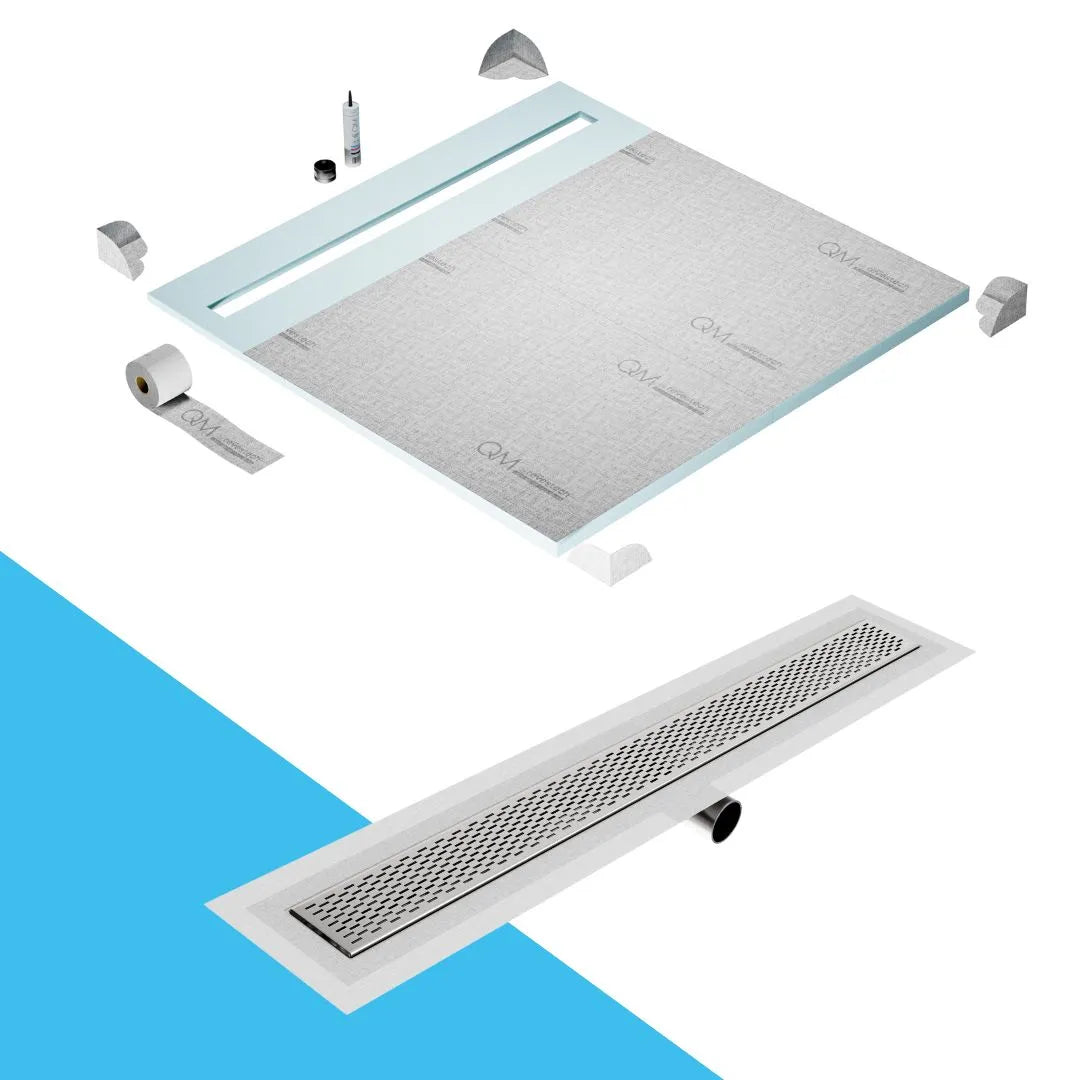 QM Drain Shower Pan with Delmar Delta Flange Edge Linear Drain, stainless-steel grate featuring modern square perforations, efficient drainage with integrated flange, available in Gold, Bronze, Polished, and Black finishes.