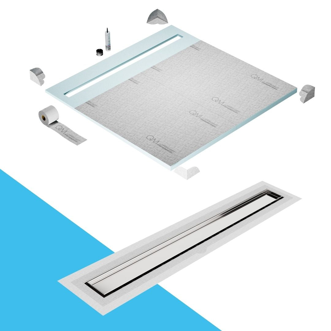QM Drain Shower Pan with Delmar Mist Tile-In Flange Edge Linear Drain, stainless-steel grate allowing seamless tile integration, featuring fine 'mist' perforations, integrated flange, minimalist aesthetics, offered in Satin, Gold, Bronze, Polished, and Black finishes.