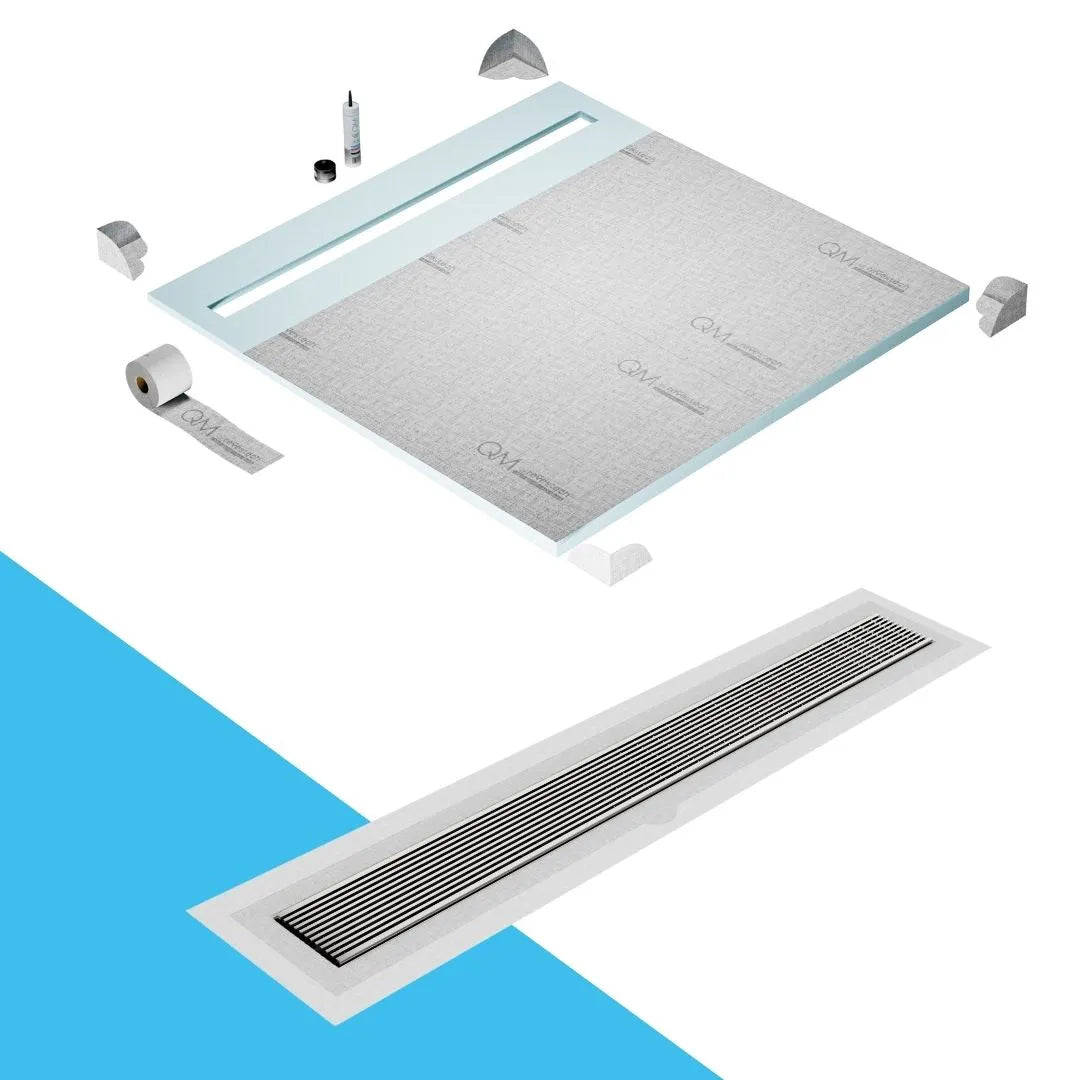 QM Drain Shower Pan with Delmar Wedgewire Flange Edge Linear Drain, stainless-steel grate featuring linear wedge-wire design, integrated flange for efficient water drainage, contemporary style, available in Satin, Gold, Bronze, Polished, and Black finishes.
