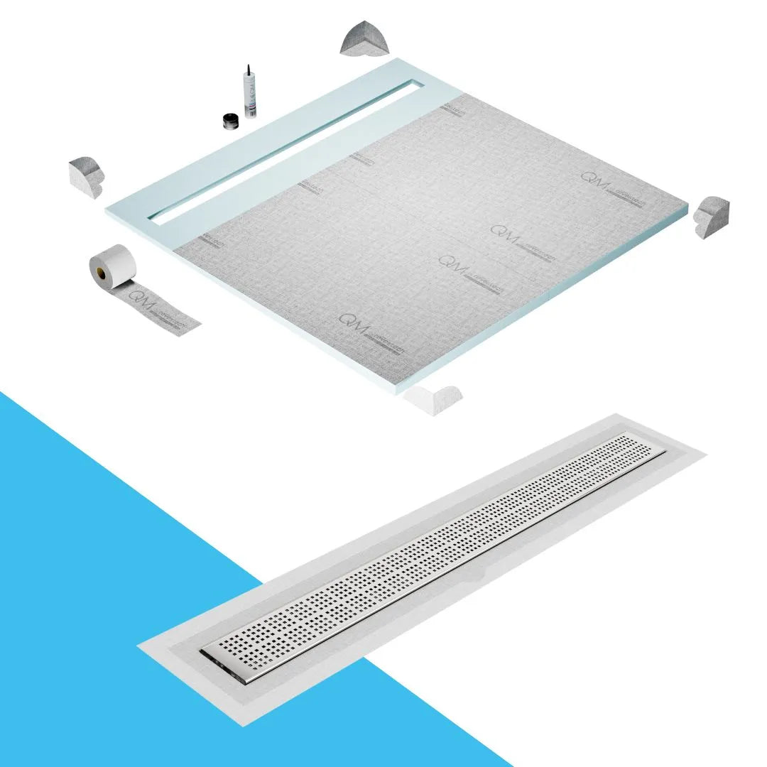 QM Drain Shower Pan with Delmar Kai Flange Edge Linear Drain, stainless-steel grate with subtle square perforations, integrated flange, contemporary design, effective water drainage, available in Satin, Gold, Bronze, Polished, and Black finishes.