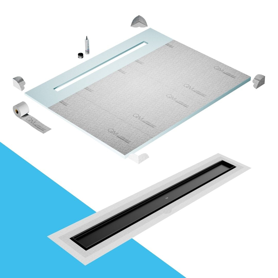 QM Drain Shower Pan with Delmar Mist Tile-In Flange Edge Linear Drain, stainless-steel grate allowing seamless tile integration, featuring fine 'mist' perforations, integrated flange, minimalist aesthetics, offered in Satin, Gold, Bronze, Polished, and Black finishes.