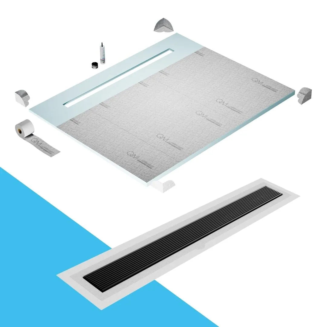 QM Drain Shower Pan with Delmar Wedgewire Flange Edge Linear Drain, stainless-steel grate featuring linear wedge-wire design, integrated flange for efficient water drainage, contemporary style, available in Satin, Gold, Bronze, Polished, and Black finishes.
