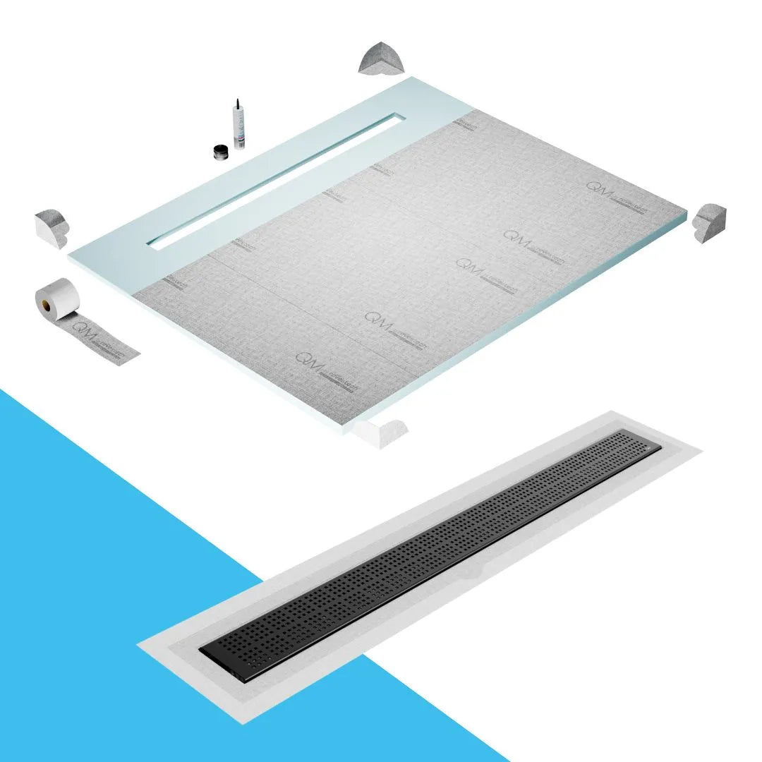 QM Drain Shower Pan with Delmar Kai Flange Edge Linear Drain, stainless-steel grate with subtle square perforations, integrated flange, contemporary design, effective water drainage, available in Satin, Gold, Bronze, Polished, and Black finishes.