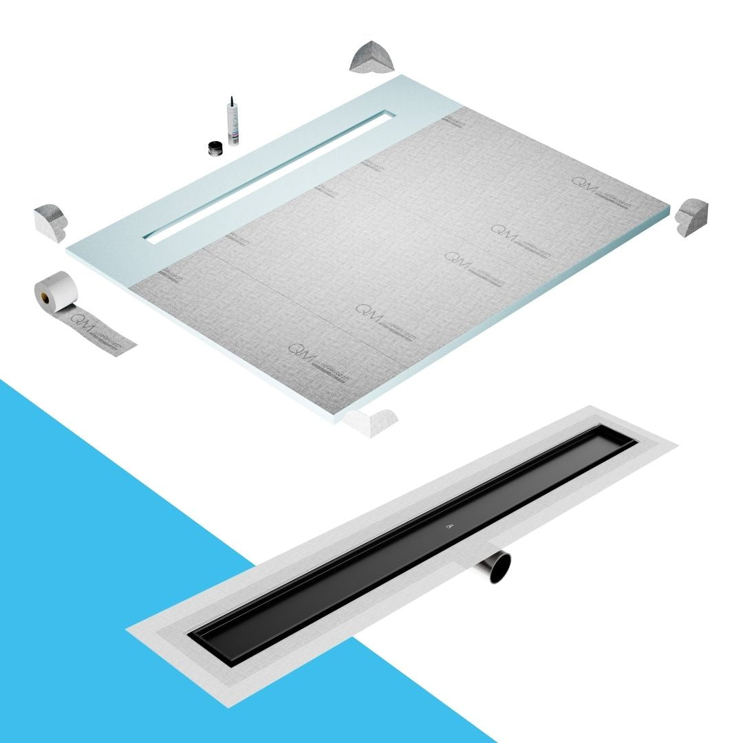 QM Drain Shower Pan with Delmar Mist Tile-In Side Outlet Linear Drain, stainless-steel grate allowing seamless tile integration, 'mist' perforations, modern aesthetics, available in Satin, Gold, Bronze, Polished, and Black finishes.