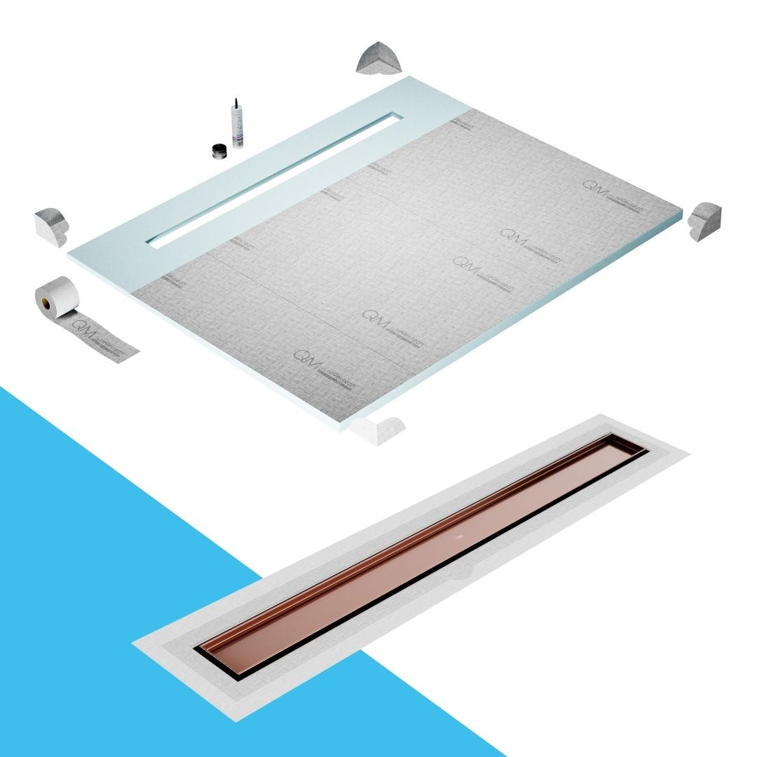 QM Drain Shower Pan with Delmar Mist Tile-In Flange Edge Linear Drain, stainless-steel grate allowing seamless tile integration, featuring fine 'mist' perforations, integrated flange, minimalist aesthetics, offered in Satin, Gold, Bronze, Polished, and Black finishes.
