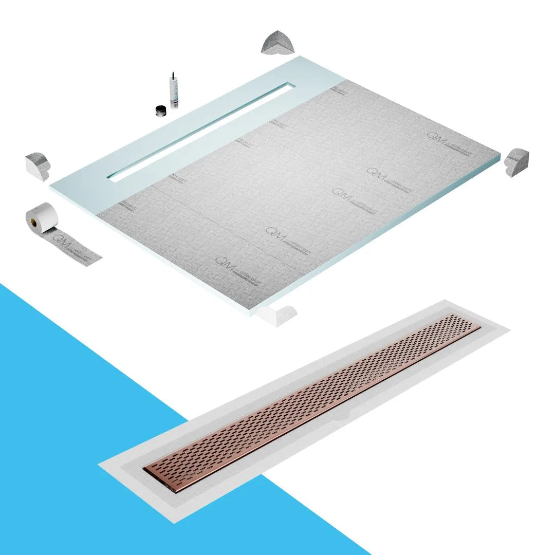 QM Drain Shower Pan with Delmar Delta Flange Edge Linear Drain, stainless-steel grate featuring modern square perforations, efficient drainage with integrated flange, available in Gold, Bronze, Polished, and Black finishes.