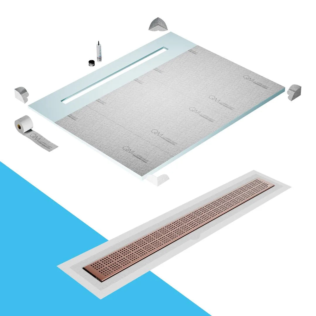 QM Drain Shower Pan with Delmar Kai Flange Edge Linear Drain, stainless-steel grate with subtle square perforations, integrated flange, contemporary design, effective water drainage, available in Satin, Gold, Bronze, Polished, and Black finishes.