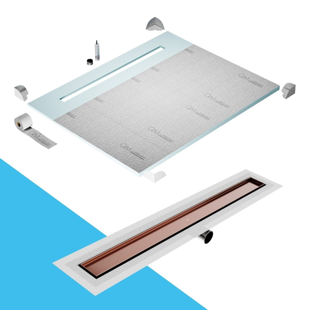 QM Drain Shower Pan with Delmar Mist Tile-In Side Outlet Linear Drain, stainless-steel grate allowing seamless tile integration, 'mist' perforations, modern aesthetics, available in Satin, Gold, Bronze, Polished, and Black finishes.
