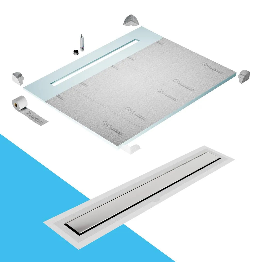 QM Drain Prefab Shower Pan Kit paired with Mist (Tile-In) Linear Drain Kit 80" in Frameless Flange Edge finish. This system provides seamless tile integration, efficient water drainage, and a sleek frameless design, ideal for luxury shower installations with a modern flange edge configuration