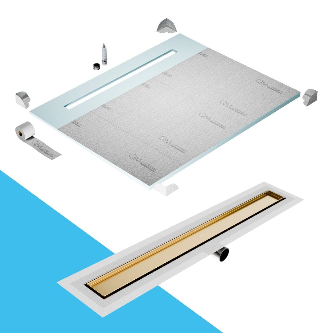 QM Drain Shower Pan with Delmar Mist Tile-In Side Outlet Linear Drain, stainless-steel grate allowing seamless tile integration, 'mist' perforations, modern aesthetics, available in Satin, Gold, Bronze, Polished, and Black finishes.