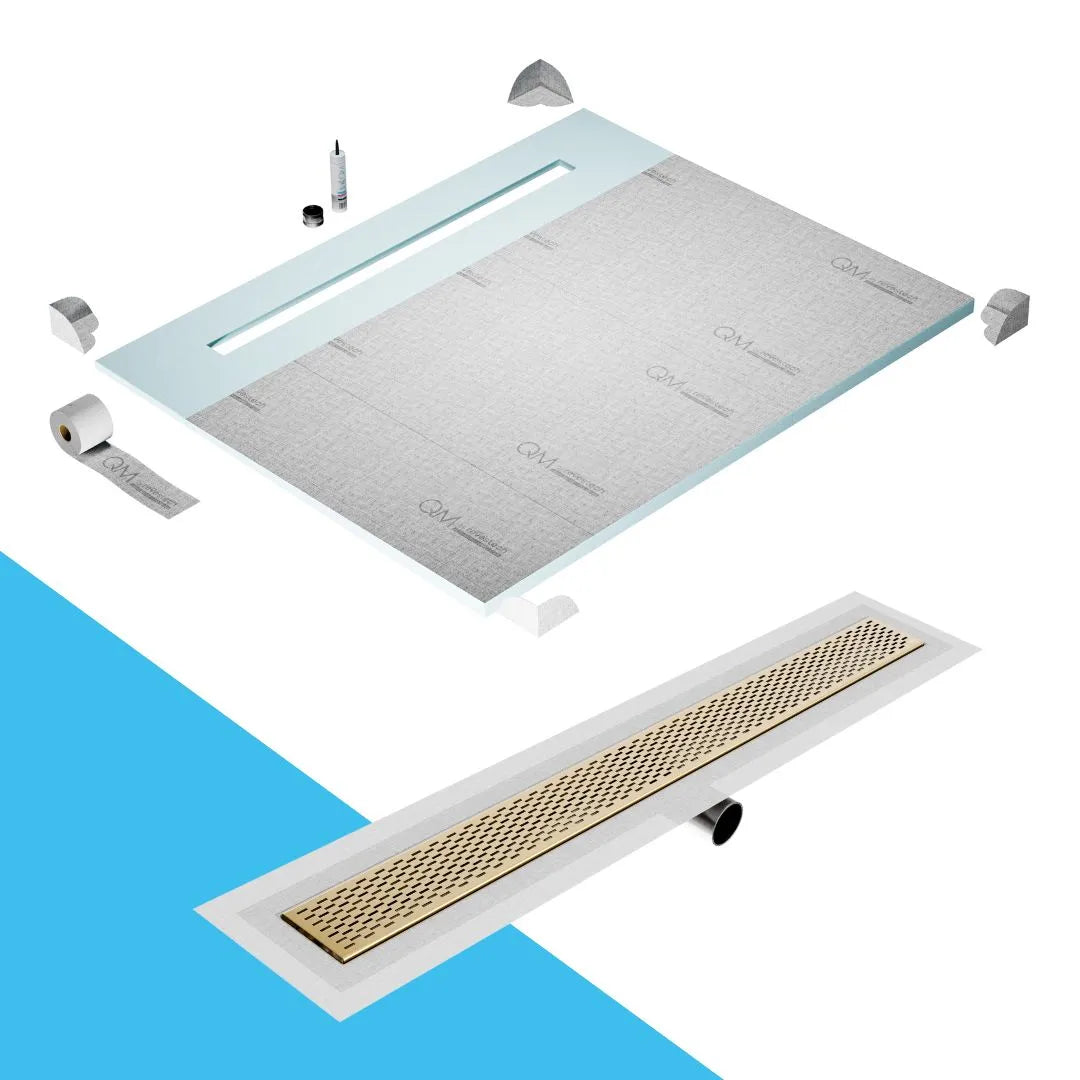 QM Drain Shower Pan with Delmar Delta Side Outlet Linear Drain, featuring stainless-steel grate with modern square perforations, efficient drainage, available in Satin, Gold, Bronze, Polished, and Black finishes.