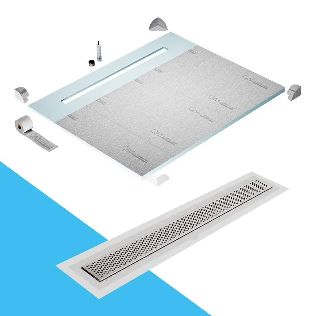QM Drain Shower Pan with Delmar Delta Flange Edge Linear Drain, stainless-steel grate featuring modern square perforations, efficient drainage with integrated flange, available in Gold, Bronze, Polished, and Black finishes.