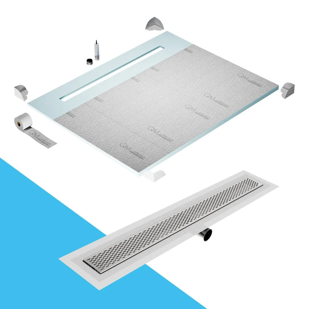 QM Drain Shower Pan with Delmar Kai Flange Edge Linear Drain, stainless-steel grate with subtle square perforations, integrated flange, contemporary design, effective water drainage, available in Satin, Gold, Bronze, Polished, and Black finishes.