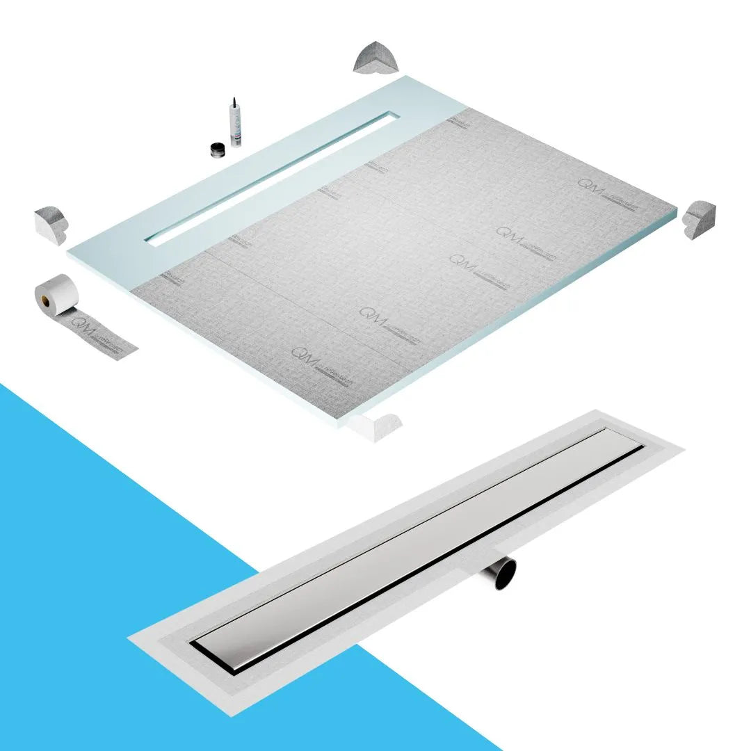 QM Drain Prefab Shower Pan Kit paired with Mist (Tile-In) Linear Drain Kit 80 in Frameless Side Outlet finish. This high-quality system offers seamless tile integration, efficient water drainage, and a sleek frameless design, ideal for luxury shower installations with a modern side outlet configuration.