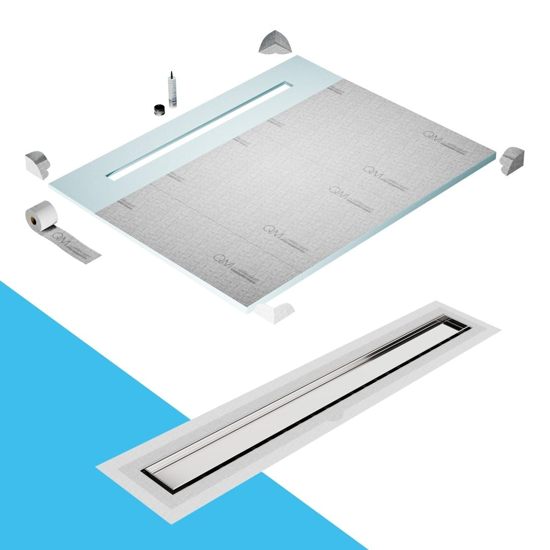 QM Drain Shower Pan with Delmar Mist Tile-In Flange Edge Linear Drain, stainless-steel grate allowing seamless tile integration, featuring fine 'mist' perforations, integrated flange, minimalist aesthetics, offered in Satin, Gold, Bronze, Polished, and Black finishes.