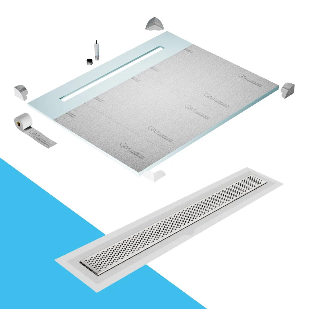 QM Drain Shower Pan with Delmar Delta Flange Edge Linear Drain, stainless-steel grate featuring modern square perforations, efficient drainage with integrated flange, available in: Satin, Gold, Bronze, Polished, and Black finishes.