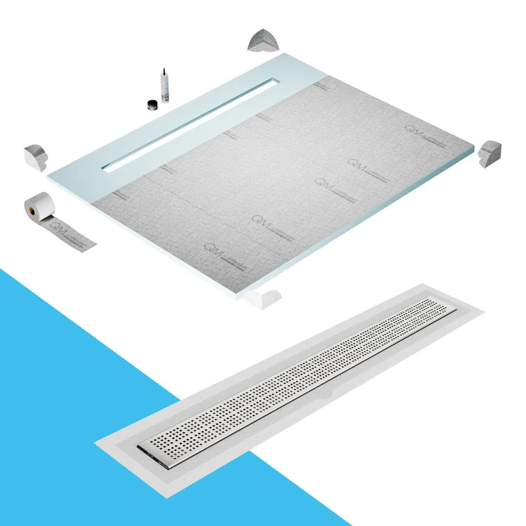 QM Drain Shower Pan with Delmar Kai Flange Edge Linear Drain, stainless-steel grate with subtle square perforations, integrated flange, contemporary design, effective water drainage, available in Satin, Gold, Bronze, Polished, and Black finishes.