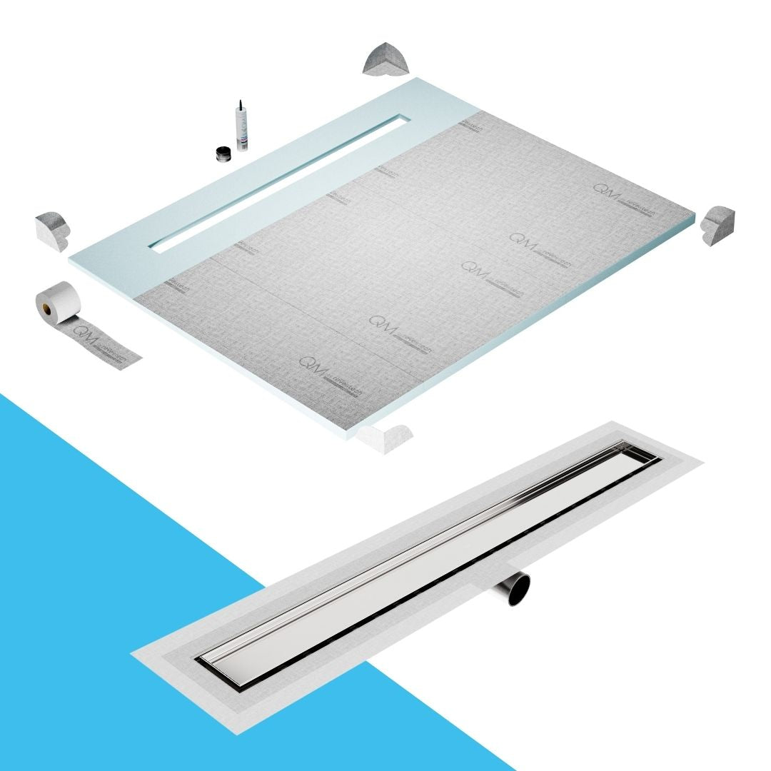 QM Drain Shower Pan with Delmar Mist Tile-In Side Outlet Linear Drain, stainless-steel grate allowing seamless tile integration, 'mist' perforations, modern aesthetics, available in Satin, Gold, Bronze, Polished, and Black finishes.