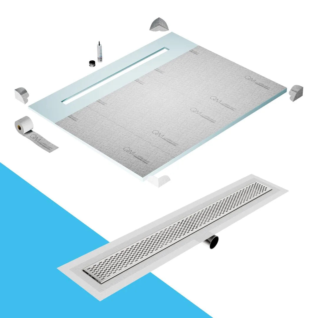 QM Drain Shower Pan with Delmar Delta Side Outlet Linear Drain, featuring stainless-steel grate with modern square perforations, efficient drainage, available in Satin, Gold, Bronze, Polished, and Black finishes.