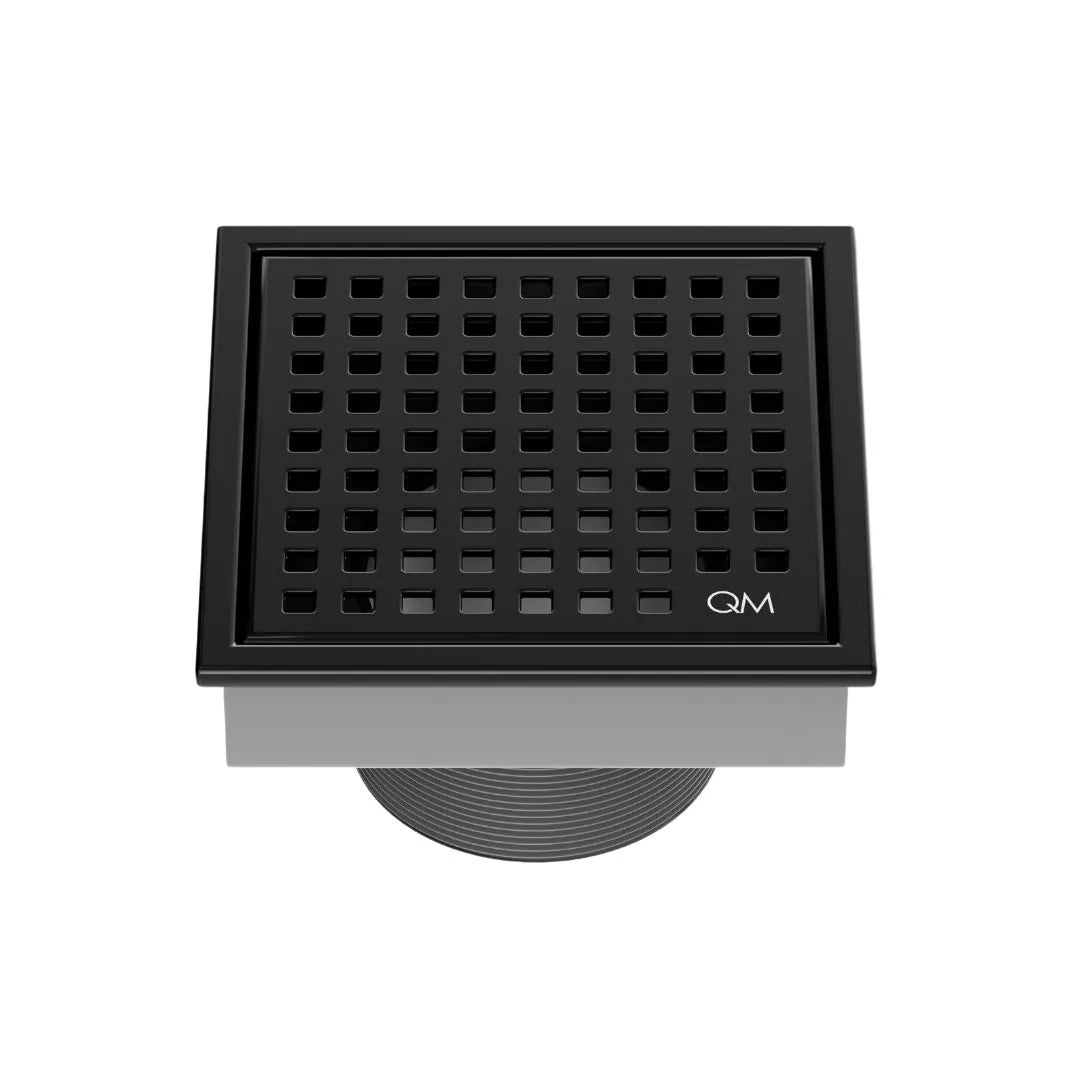 QM Drain Lagos Mira Square Drain in Black finish, featuring a sleek stainless-steel square design with a fine perforated grate. This drain ensures efficient water drainage, seamless tile integration, and a modern aesthetic, perfect for luxury bathroom and shower installations.