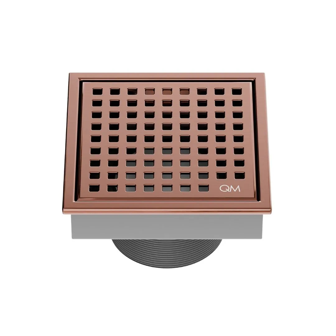 QM Drain Lagos Mira Square Drain in Bronze finish, featuring a sleek stainless-steel square design with a fine perforated grate. This drain offers efficient water drainage, seamless integration into modern tile floors, and a sophisticated aesthetic for luxury bathroom and shower installations.