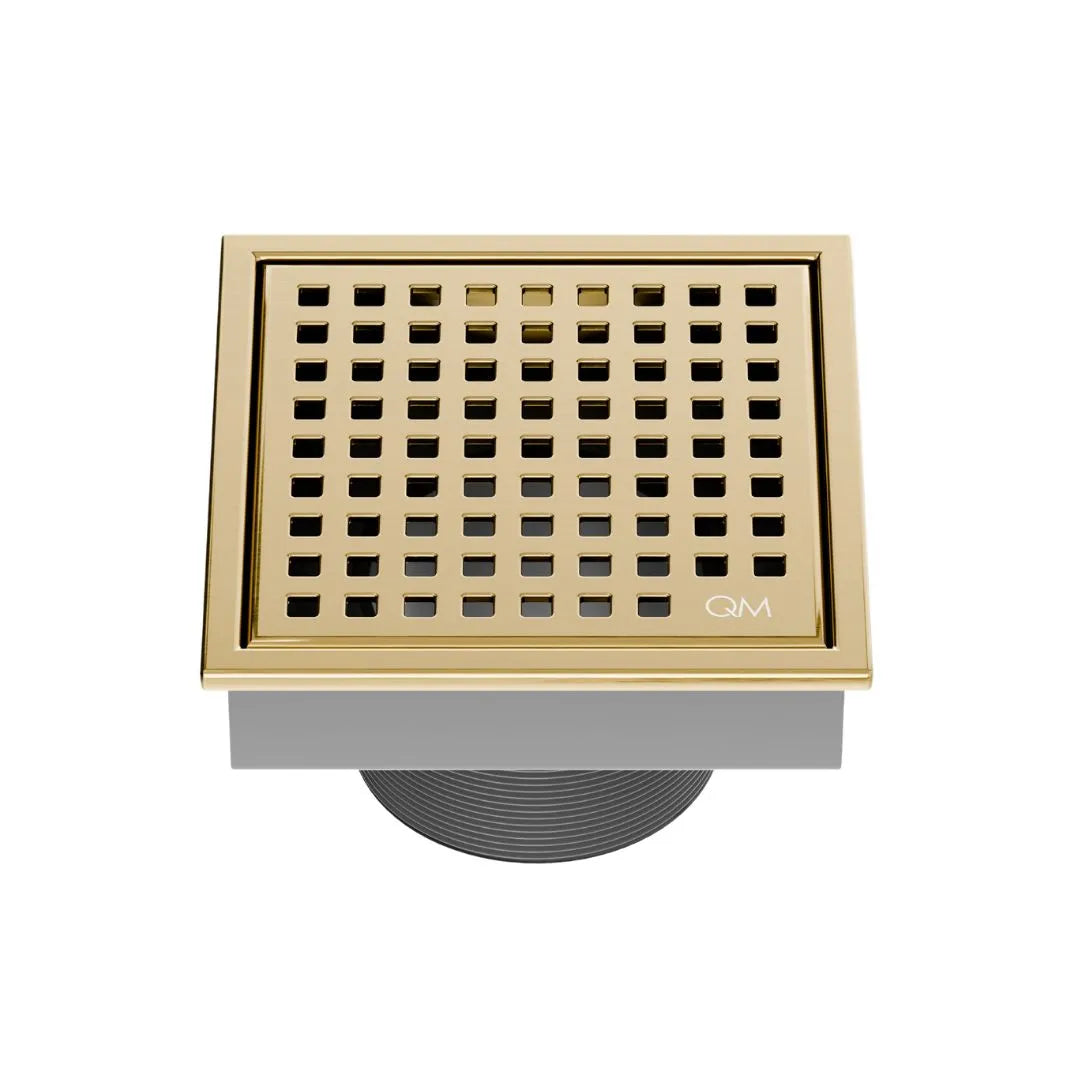 QM Drain Lagos Mira Square Drain in Gold finish, featuring a sleek stainless-steel square design with a fine perforated grate. This drain provides efficient water drainage, seamless tile integration, and a luxurious aesthetic, perfect for upscale bathroom and shower installations.