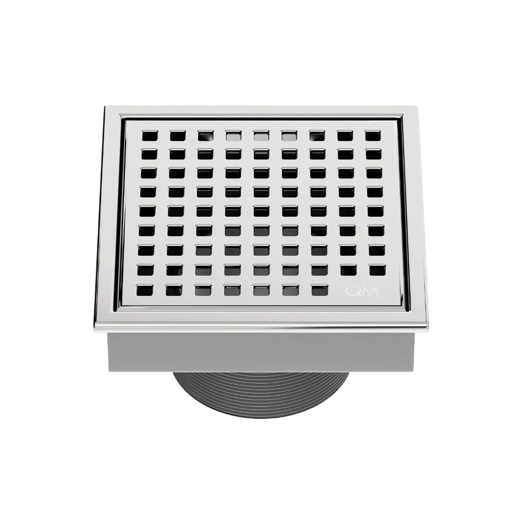 QM Drain Lagos Mira Square Drain in Polished finish, featuring a sleek stainless-steel square design with a fine perforated grate. This drain ensures efficient water drainage, seamless tile integration, and a modern, minimalist aesthetic for luxury bathroom and shower installations.