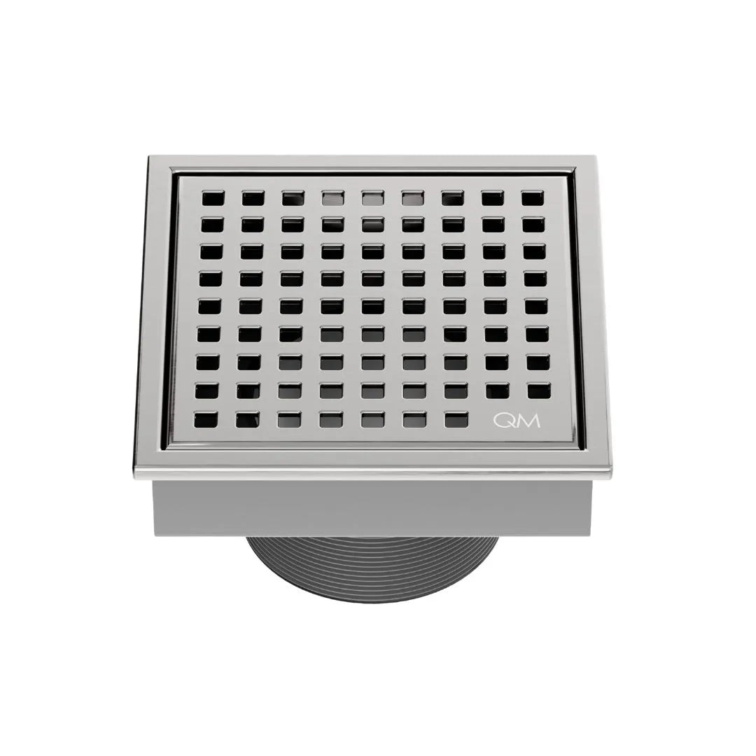 QM Drain Lagos Mira Square Drain in Satin finish, featuring a sleek stainless-steel square design with a fine perforated grate. This drain offers efficient water drainage, seamless integration into modern tile floors, and a luxurious aesthetic for high-end bathroom and shower installations.