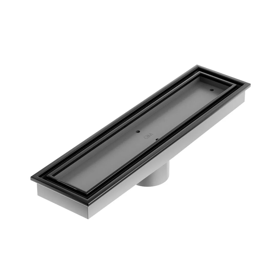 QM Drain Lagos Veil Tile-In Linear Drain in Black finish, featuring a sleek stainless-steel channel with a concealed grate design. This drain provides seamless tile integration, efficient water drainage, and a modern, minimalist aesthetic, ideal for high-end shower and bathroom installations.