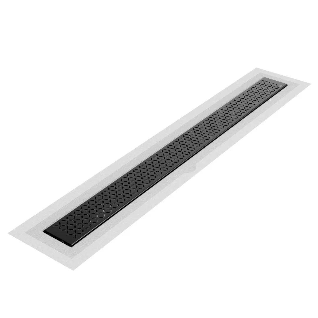 QM Drain Lotus Delmar Standard Length Flange Edge Linear Drain in Black finish, featuring a sleek stainless-steel channel with an integrated flange edge. This drain offers efficient water drainage, seamless tile integration, and a sophisticated, modern aesthetic for luxury bathroom floors.